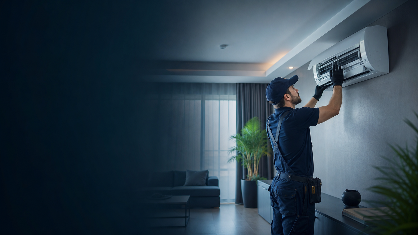 Technician servicing a wall-mounted air conditioner