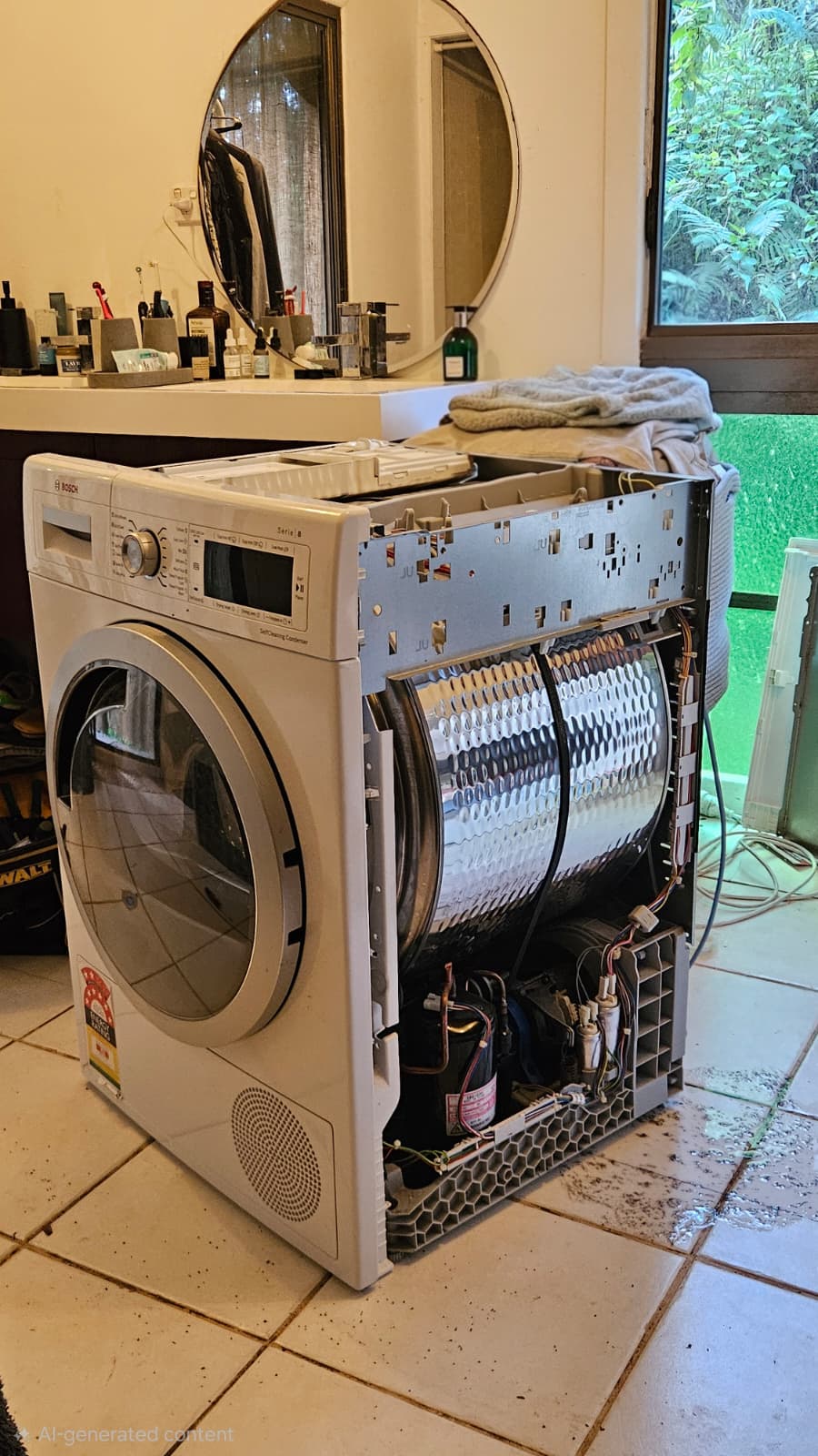 Technician diagnosing an opened dryer